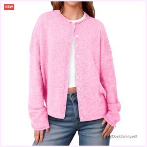 Lightweight Knit Button Cardigan, Crew Neck Long Sleeve, Loose Fit Sweater